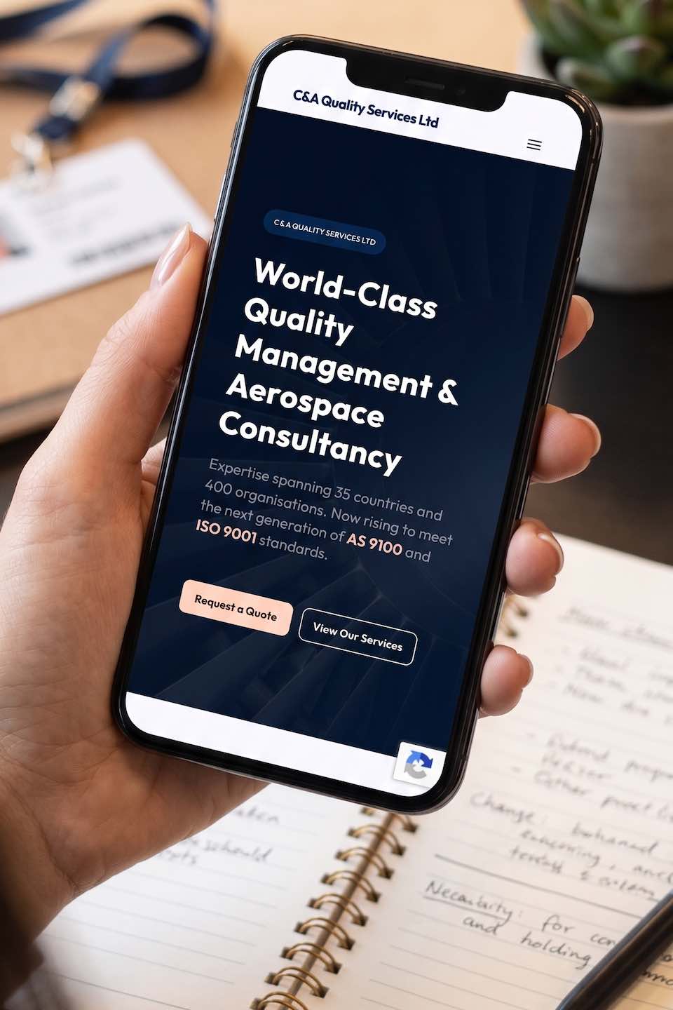 C&A Quality Services Mobile Phone View Mockup or the C&A Quality Services website shown on a mobile phone screen