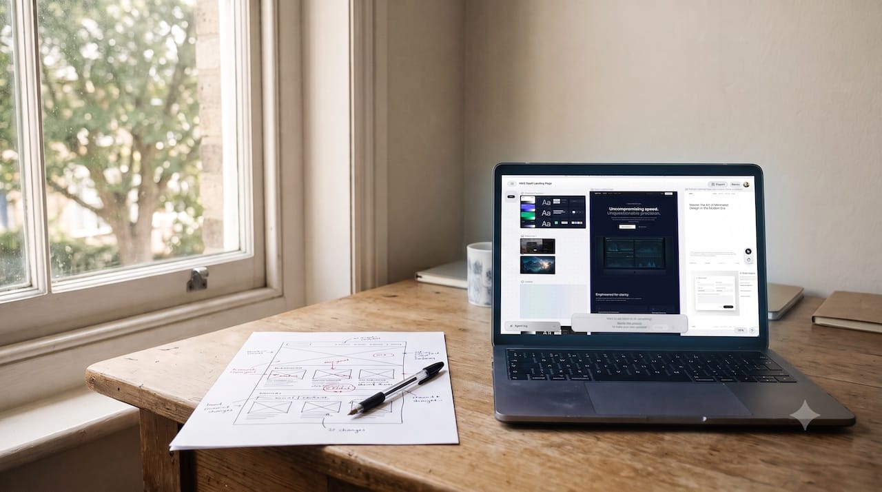 A hand-drawn website wireframe marked up in pen on a desk beside a laptop showing a screenshot of an AI-generated page layout. The surrounding scene is an AI-generated image; the on-screen layout is a real screenshot.