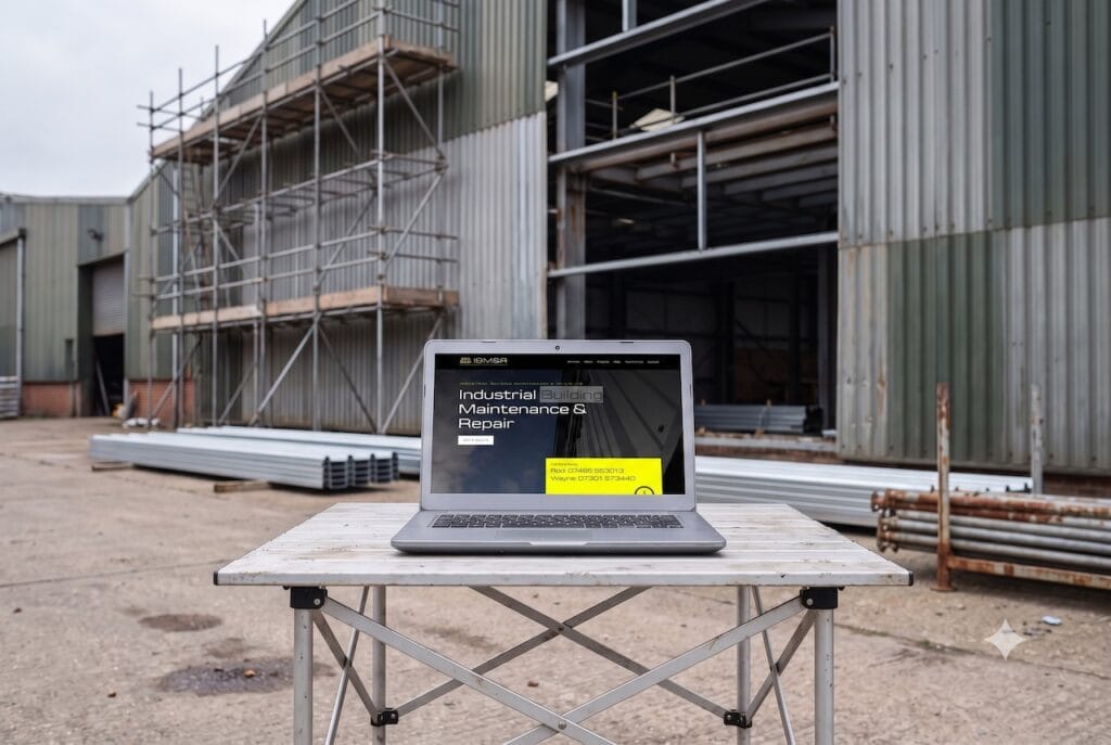 Mockup of the IBM&R website on a laptop. A screenshot of the website was placed on on a scene generated by Gemini.